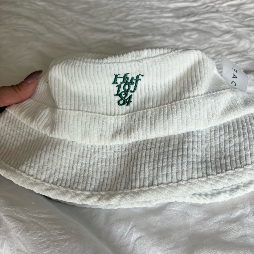HUF White Corduroy Bucket Hat with Green Embroidered Logo